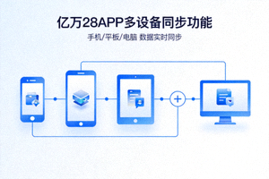 亿万28APP多设备同步功能展示 - 手机、平板、电脑图标互联