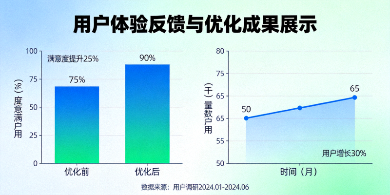 用户体验反馈与优化成果展示 - 图表显示用户满意度提升和数据增长
